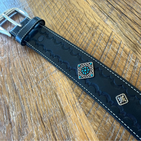 Brighton Black Leather Belt Turquoise Concho Western Silver Buckle B20213 L. 34